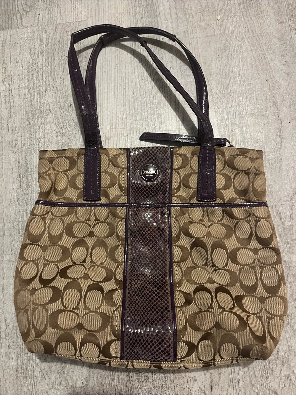 Coach Beige Signature Canvas Tote with Purple Patent Trim